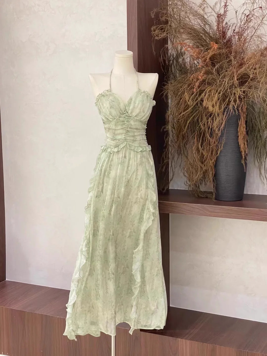 Halter Ruffled Sage Green Long Women's Vacation Cute A line Homecoming Dresses