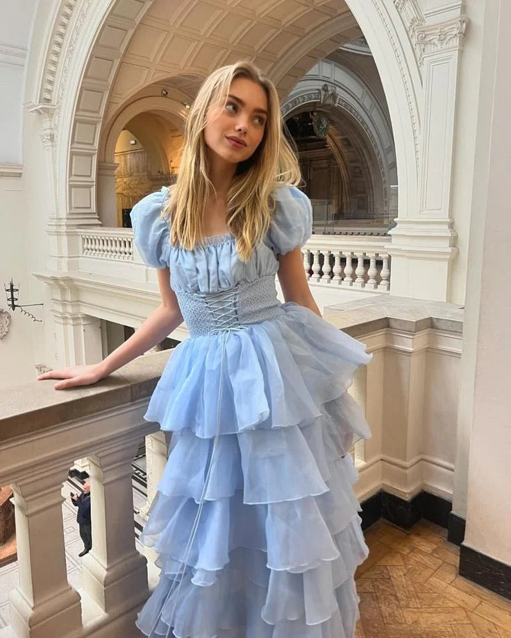 Cute Blue Tulle Tiered Hepburn Princess Prom Dress Evening Dress Ball Gown