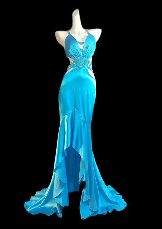 Hi-Lo Backless Satin Beaded Prom Dresses Elegant Vintage Blue Spaghetti Straps Evening Dress