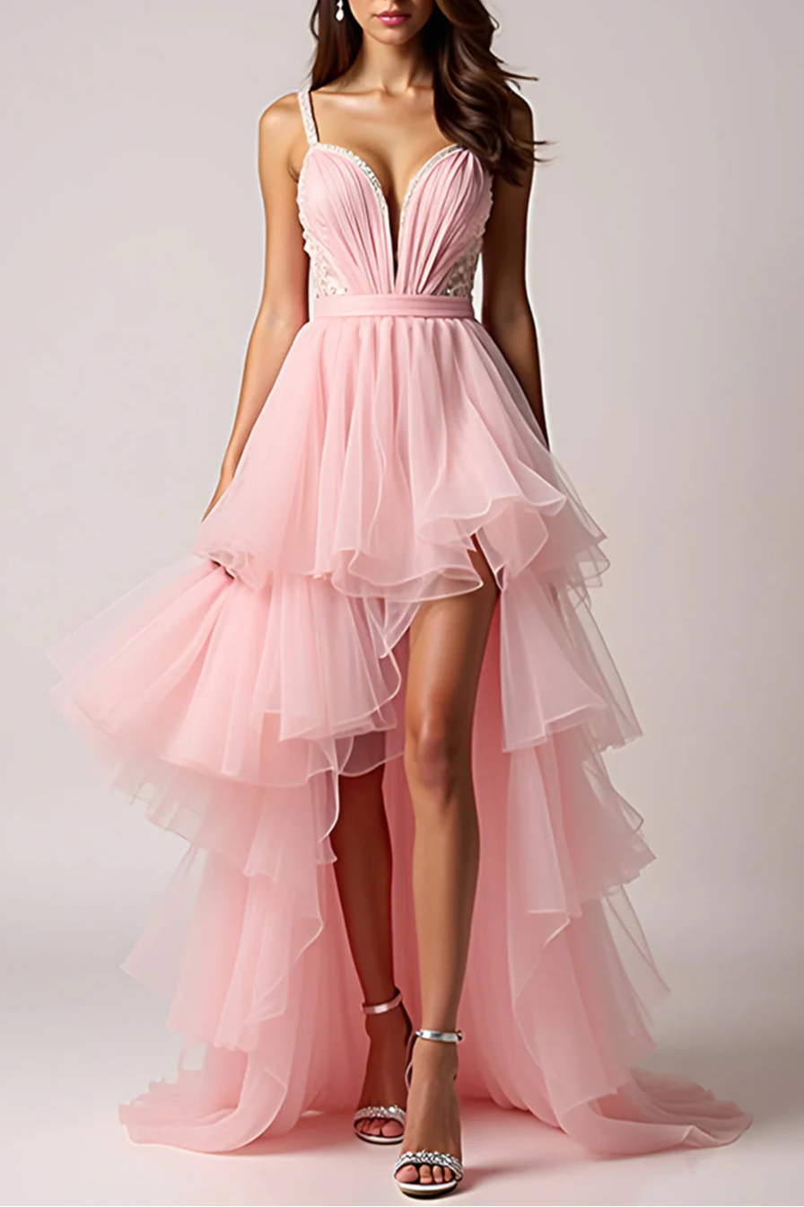 Noble and elegant Long Asymmetrical Blush Pink Tulle Beaded Prom Dress