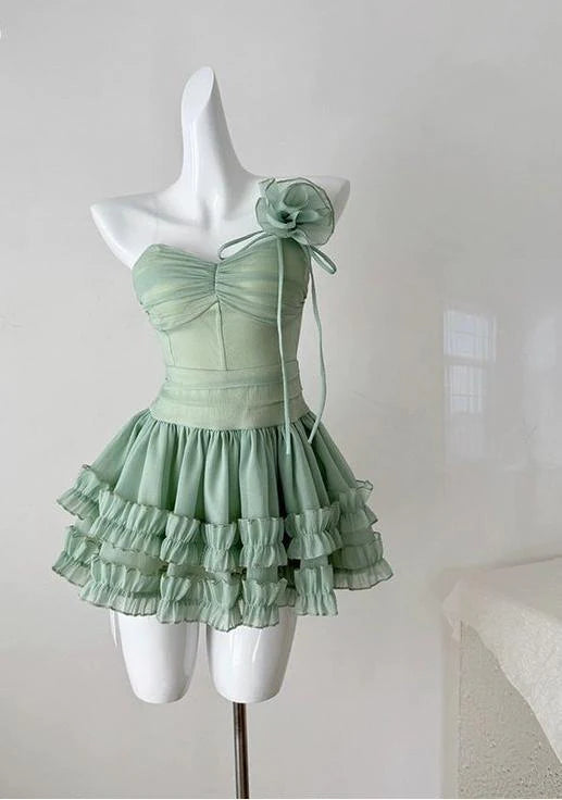 A-Line Tulle Short Prom Dresses Sweet Green Spaghetti Straps Homecoming Dress
