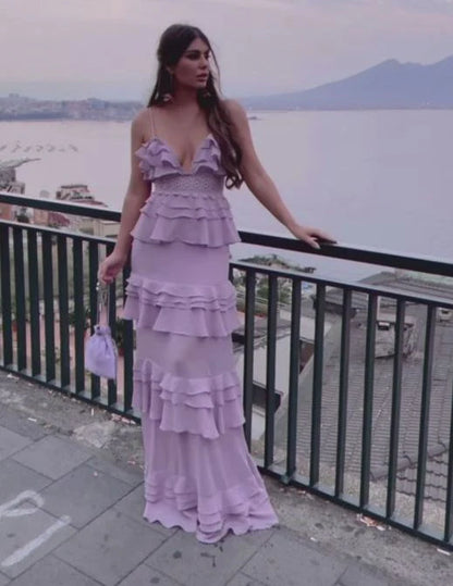 Lilac V Neck Long Prom Dress Sleeveless Evening Gown Spaghetti strap Party Dress