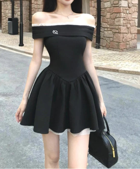 French unique design style black off-shoulder retract your waist party dress