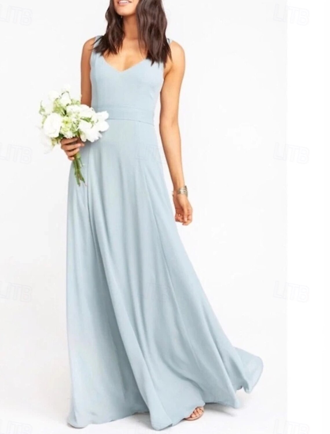 A-Line Bridesmaid Dress V Neck Sleeveless Blue Floor Length Chiffon with Sash