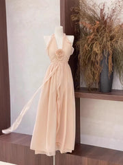 Sexy A Line Ruffled Chiffon Long Women's Halter Retract Your Waist Hol – JIESEN DRESS