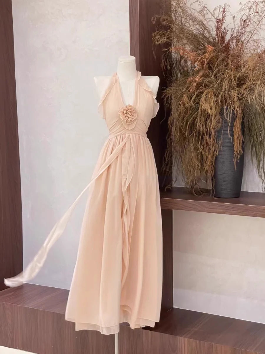 Sexy A Line Ruffled Chiffon Long Women's Halter Retract Your Waist Holiday Dresses