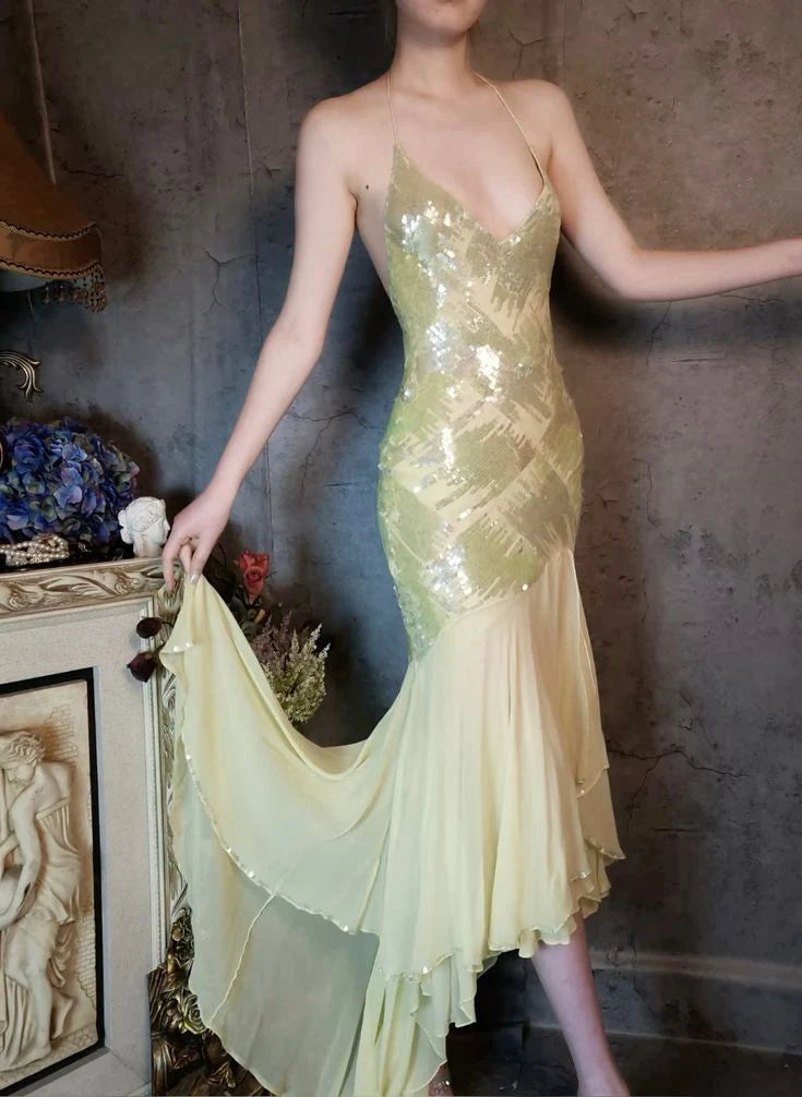 Spaghetti Strap Sequin Chiffon Prom Dress Gentle Green Mermaid Evening Dress