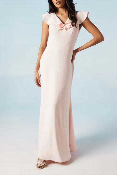 V Neck Shoulder Detail Crepe Slim-fit Elegant and gentle Bridesmaids Dress