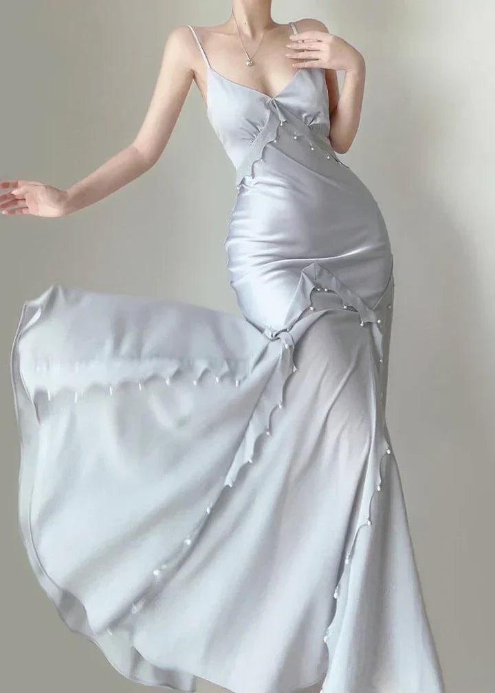 Elegant Mermaid Spaghetti Strap Pearl Grey Satin Long Prom Dress