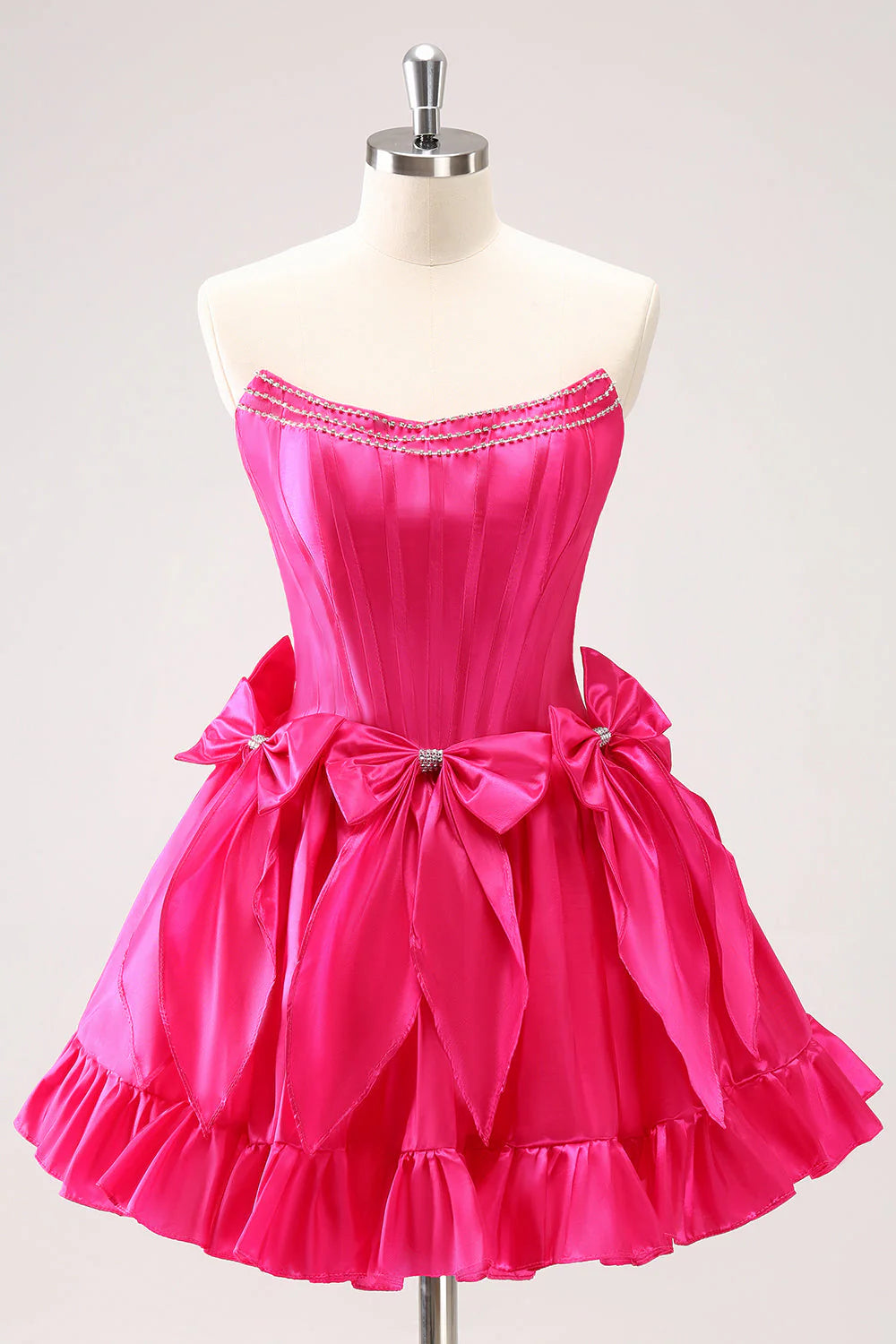 Unique design Fuchsia A Line Strapless Corset Short Homecoming Dress With Bows
