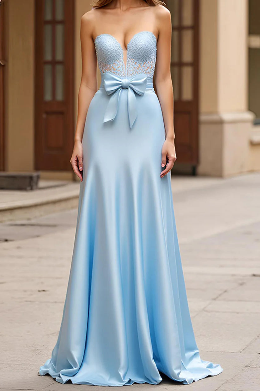 Sky Blue Bowknot Strapless Satin Full of charm Long Prom Dress
