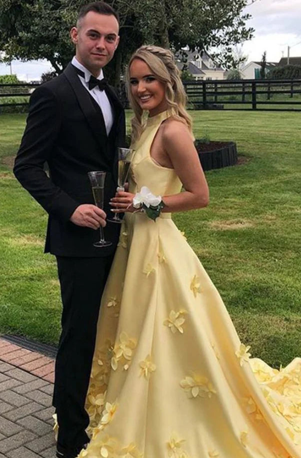 Yellow Prom Dresses Sleeveless Party Dress with Flowers Prom Dresses