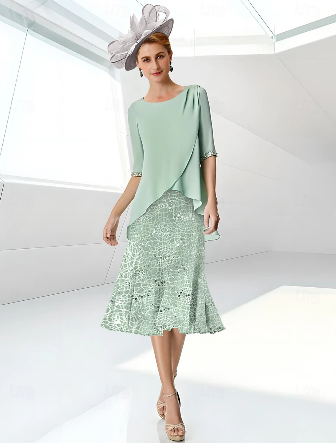 Beach Wedding A-Line Mother of the Bride Dress Elegant Jewel Neck Knee Length Lace Stretch Chiffon Half Sleeve with Lace Ruching 2025 free custom size