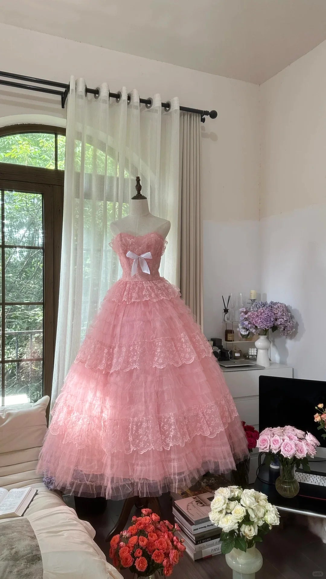 Cute A Line Sweetheart Neck Pink Layered Lace Tulle Long Party Dress