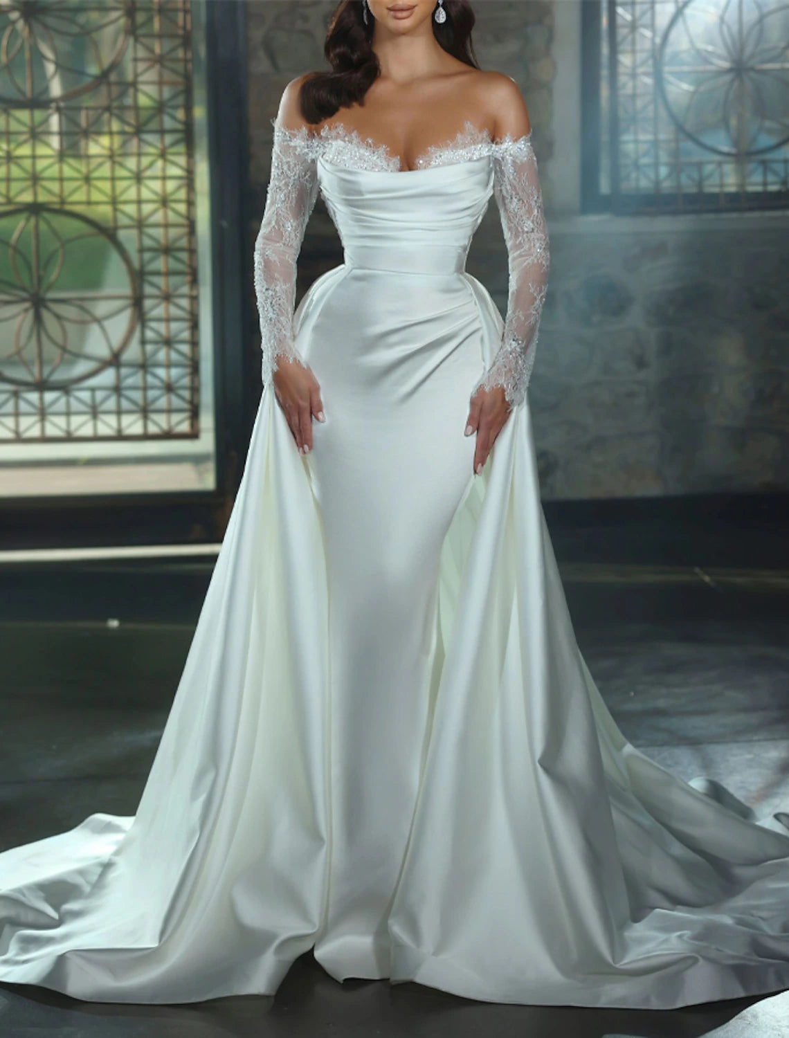 Sheath Off Shoulder Engagement Formal Wedding Dresses Long Sleeve Chapel Train Satin Bridal Gowns