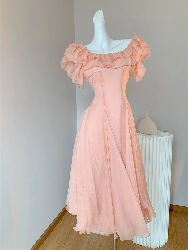 Full of charm Chic Orange Pink Off-Shoulder A-Line Chiffon Party Dresses