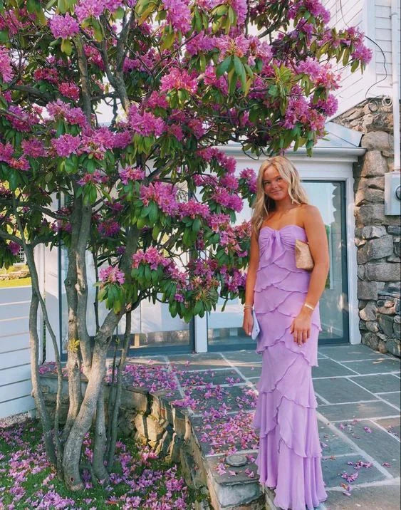 Strapless Lilac Long Full of charm Chiffon Off Shoulder Prom Dress