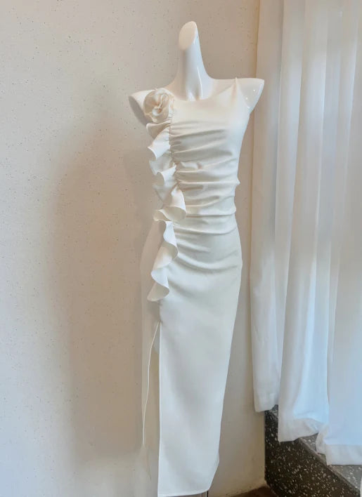 White ruffled suspender dress temperament retract your waist party dress