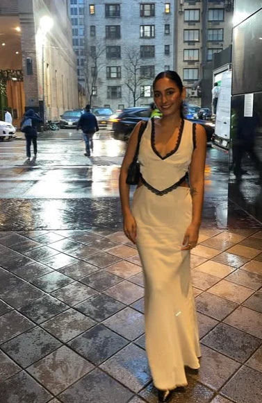 Simple Mermaid V Neck Two Piece Satin Long Evening Dress Outfits