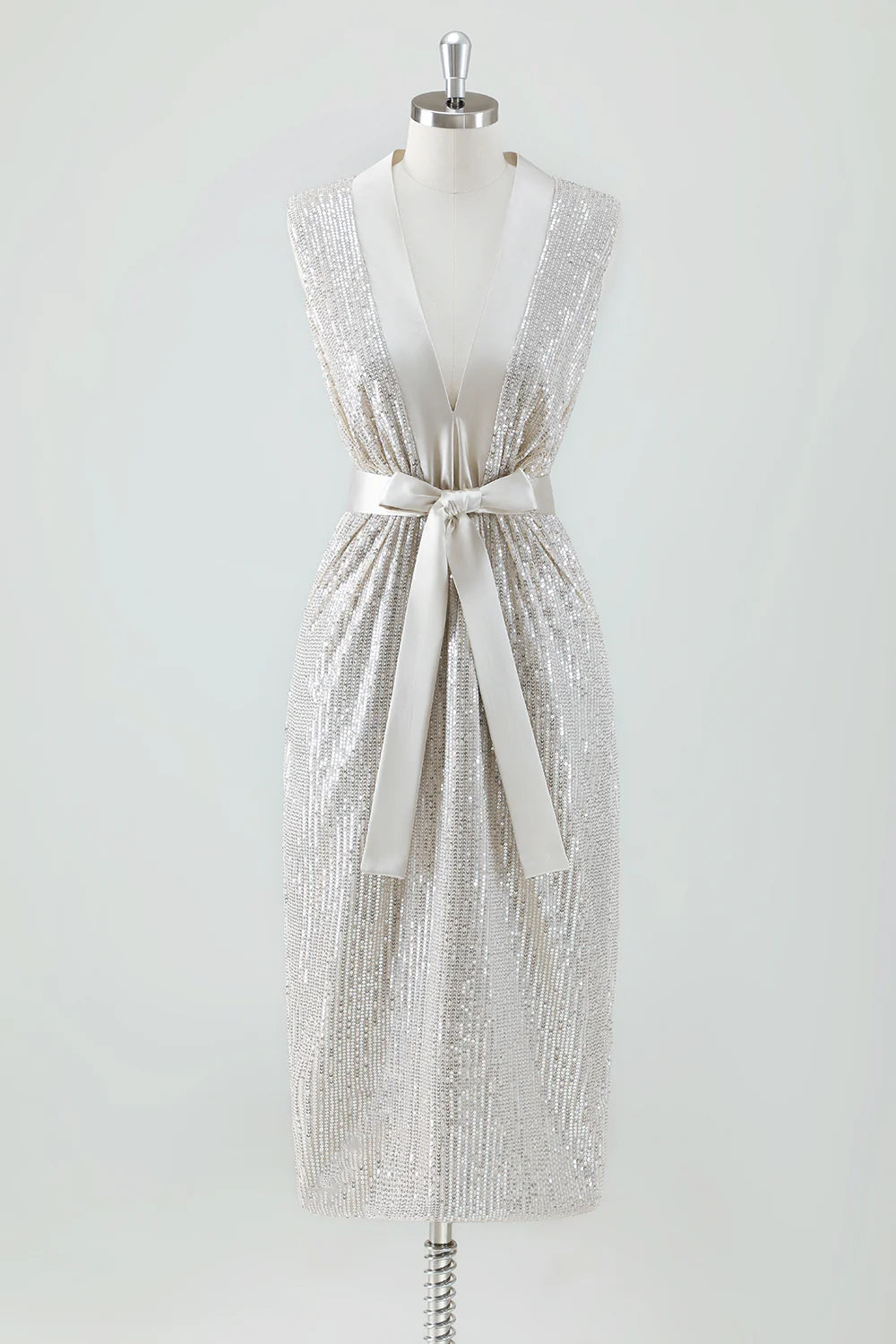 Sparkly Champagne V-Neck Retract Your Waist Prom Dress With Belt