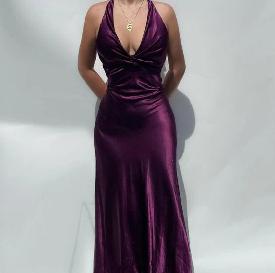 Classic satin sleeveless hanging neck V-neck slim evening gown