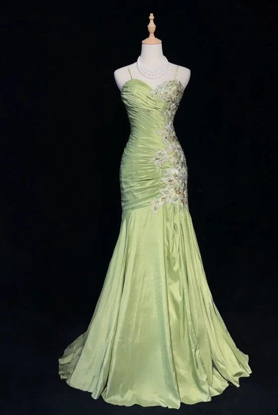 Sweetheart Neck Appliques Green Satin Long Party Dress Vintage Mermaid Evening Dress