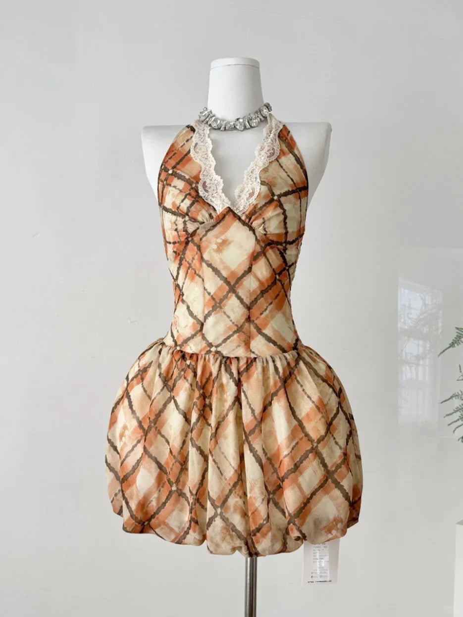 Vintage Halter Lace Neckline Vacation Dress Sleeveless Short Homecoming Dress