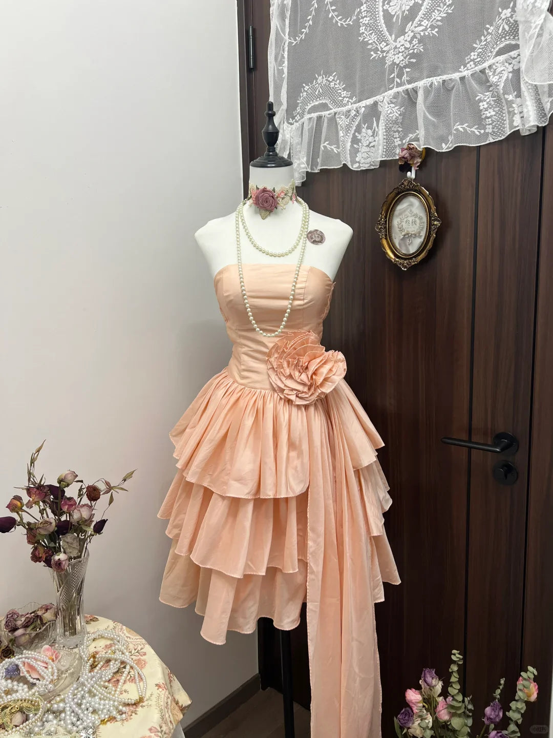 Cute Vintage A Line Strapless Layered Flower Coral Sands Satin Short Homecoming Dress