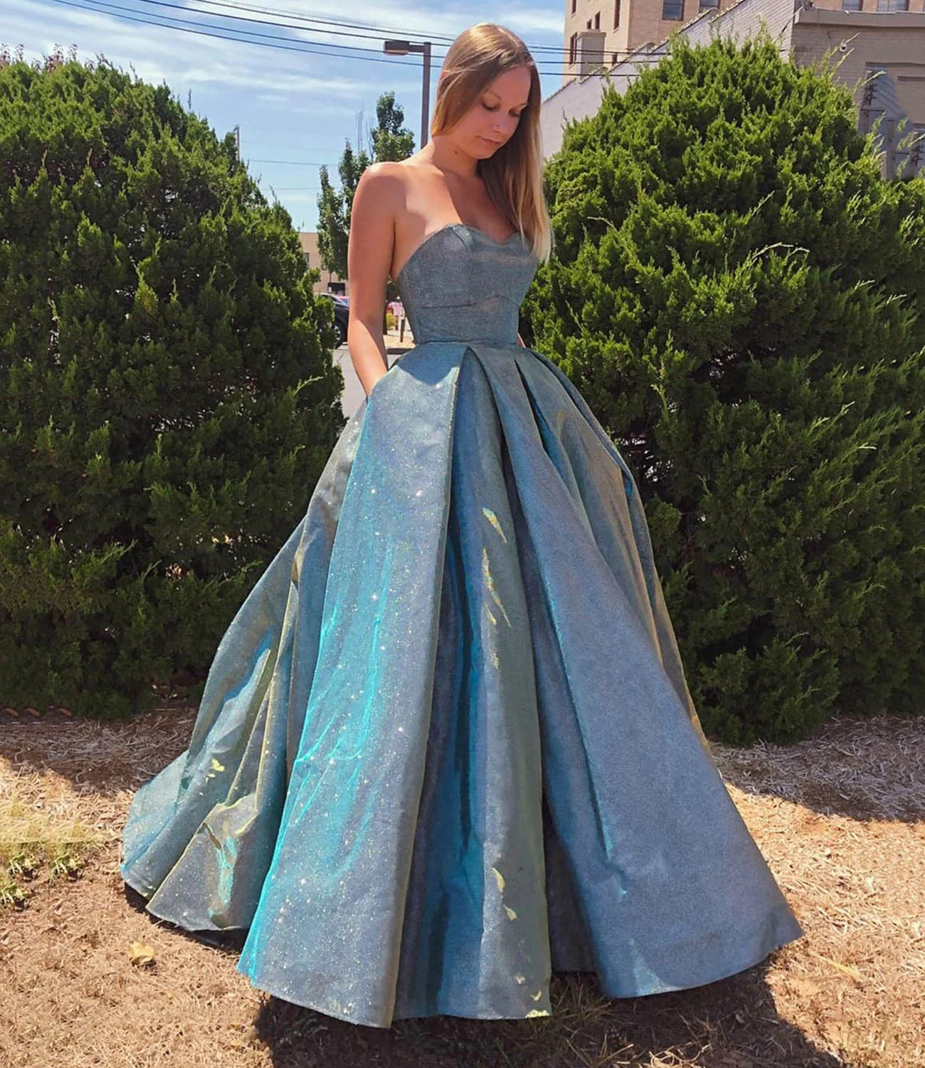 Blue Satin Long Ball Gown Dress Sparkly Sweetheart Evening Gown