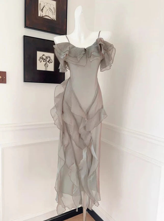 French Elegant Spaghetti Straps Ruffled Tulle Sheath Retract Your Waist Evening Dress