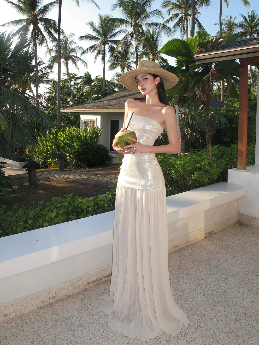 Romantic A Line Strapless Long Party Dress White Sequin Chiffon Evening Dress