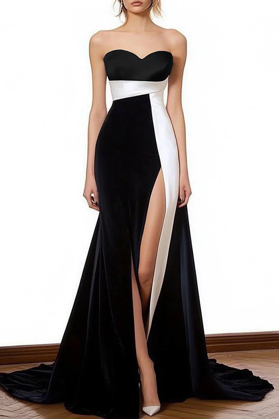 Black White Satin Strapless Long Formal Evening Dress With Slit