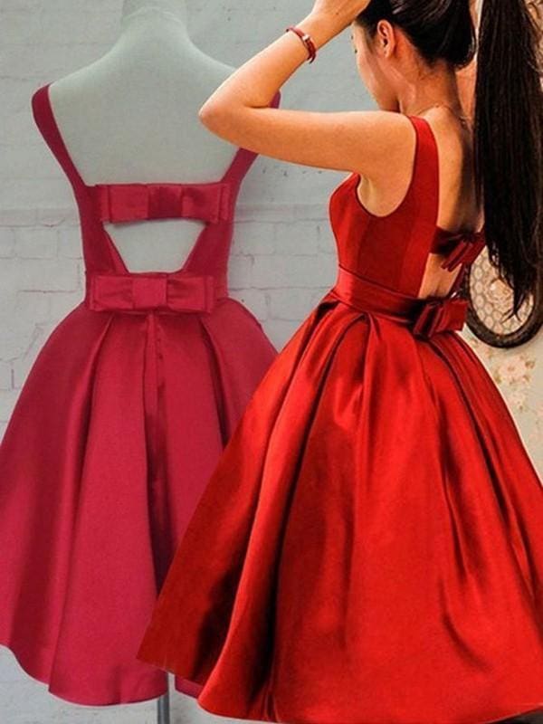 A-Line Satin Scoop Sleeveless Short Red Retract Your Waist Homecoming Dress With Sash
