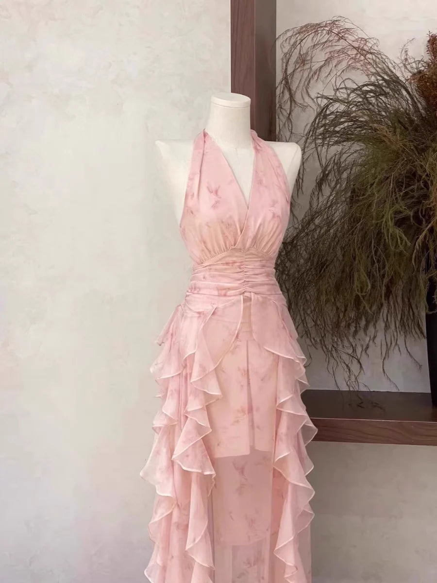 Sexy A Line Halter Ruffled Floral Pink Long Women's Retract Your Waist Homecoming Dresses