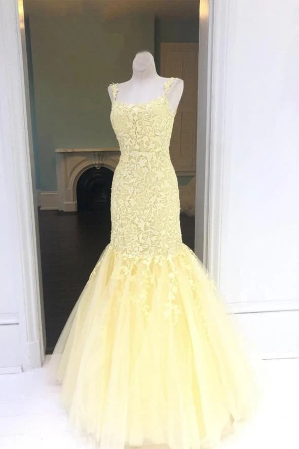 Yellow tulle lace long prom dress Slim-fit mermaid evening dress