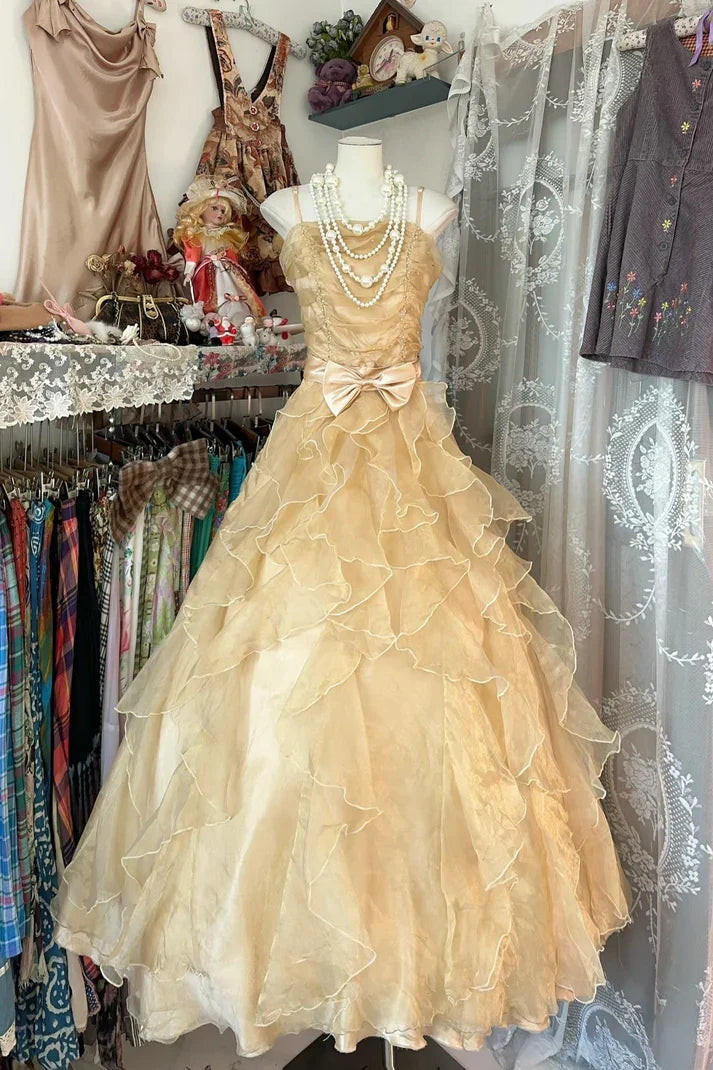 Ruffle Golden Tulle Long Party Dress Princess A Line Spaghetti Strap Evening Dress with Bow