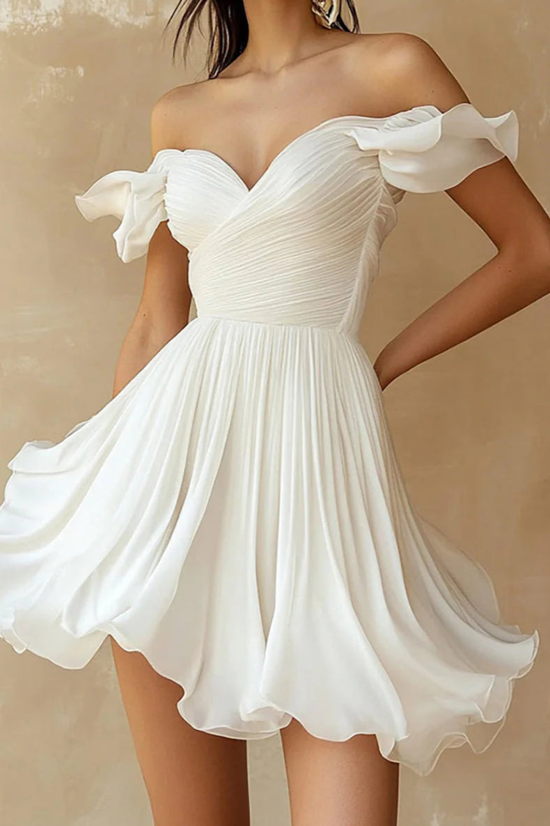 Chiffon Pleated A Line Mini Little White Retract Your Waist Homeconing Dress with Ruffles