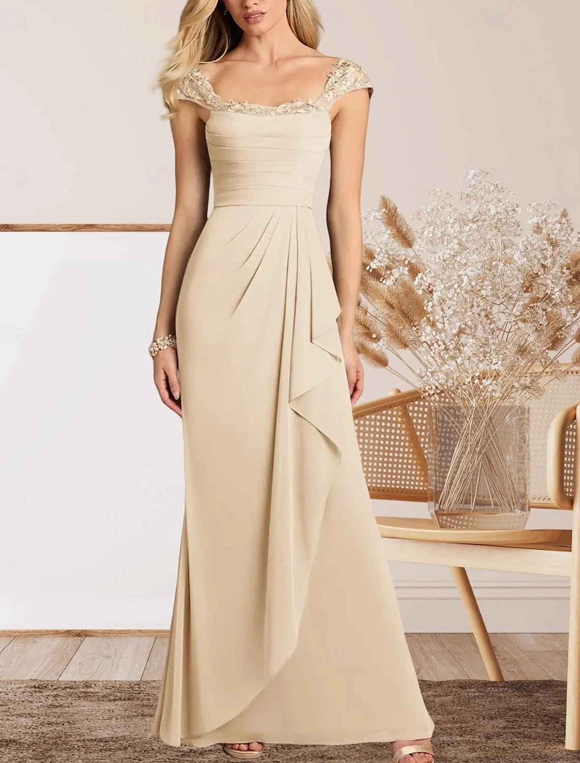 A-Line Mother of the Bride Dress Wedding Guest Elegant Sweetheart Floor Length Chiffon Cap Sleeve with Lace Ruching