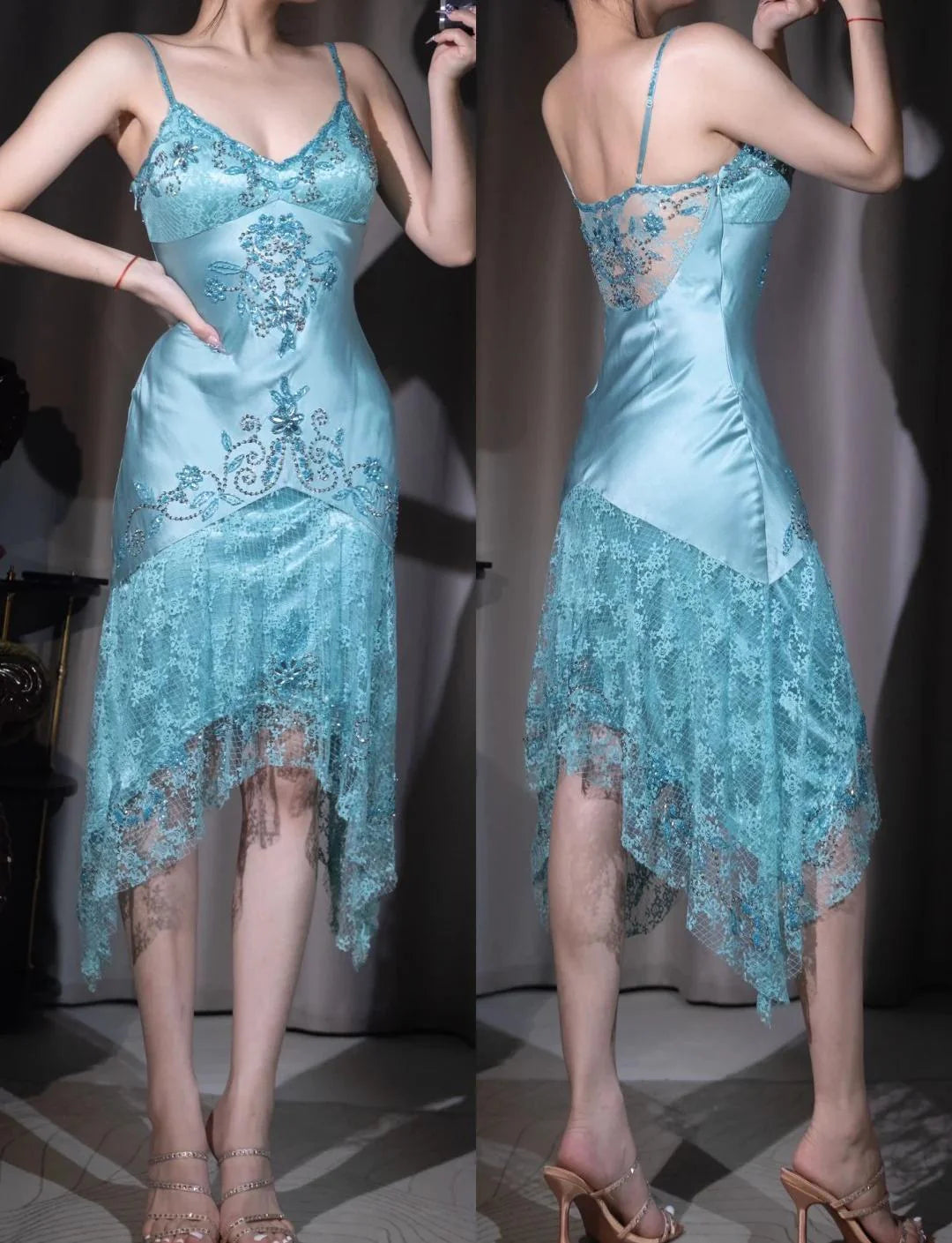 Elegant Blue Spaghetti Straps Sheath Lace Beading Vintage Prom Dresses