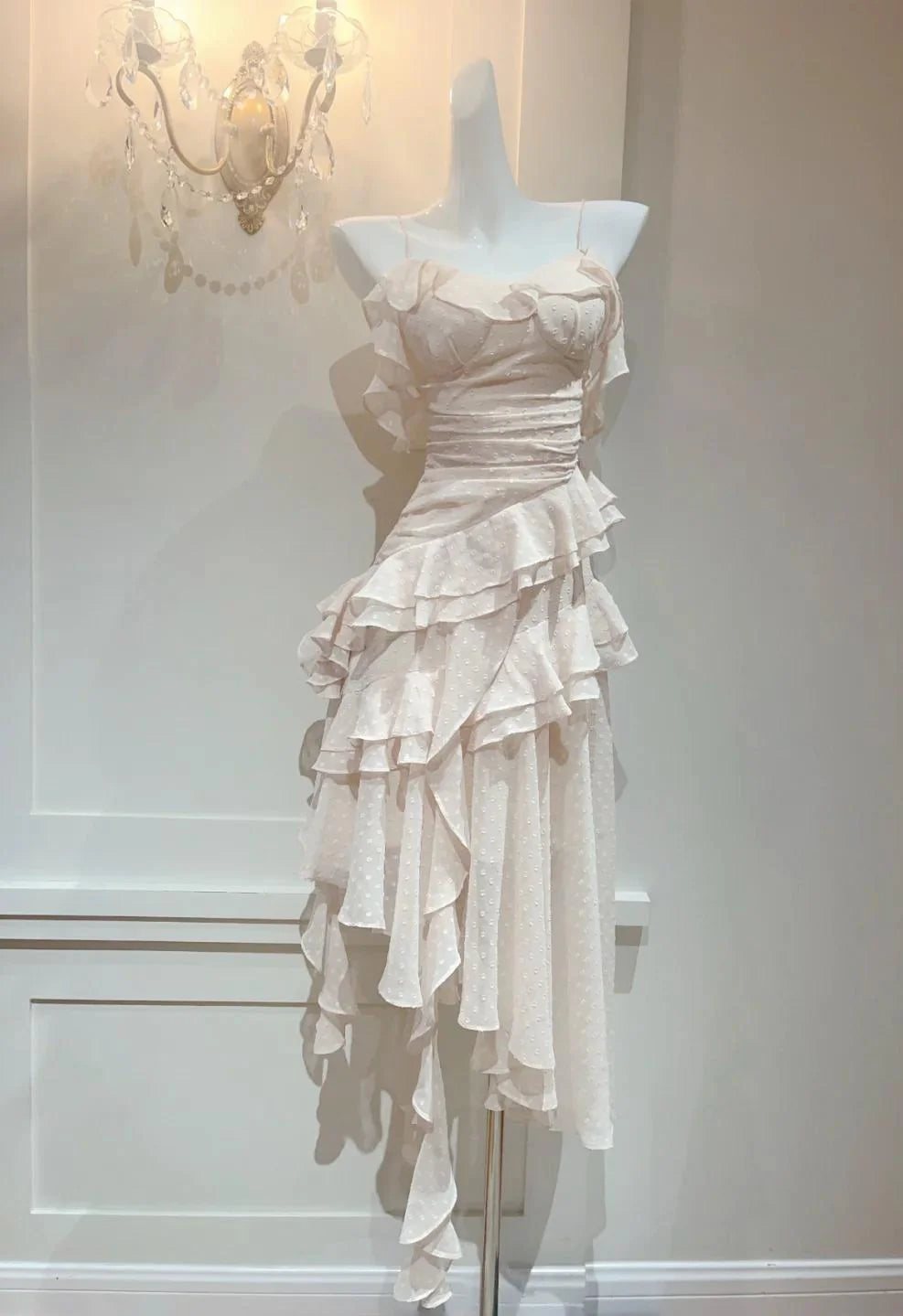 Glam Light Apricot Spaghetti Straps Chiffon Polka Dots Ruffles A-line Party Dress