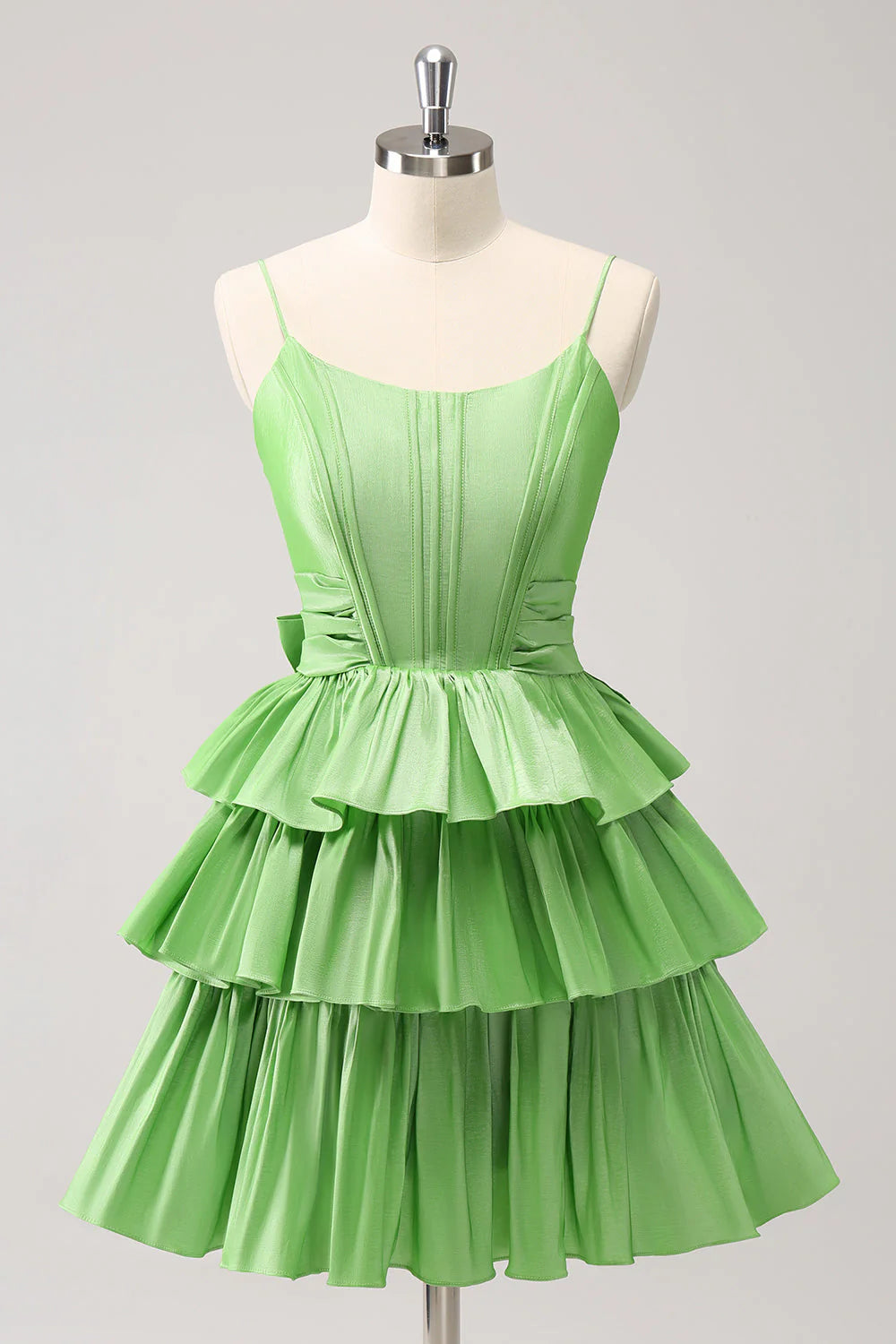 Green Cute A Line Corset Pleated Tiered Short Homecoming Dress With Bows