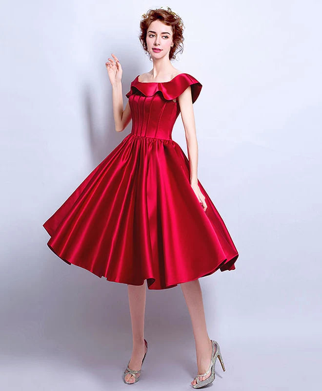 Burgundy Satin Short Prom Dress, Exquisite tailoring Retract Your Waist Evening Dress