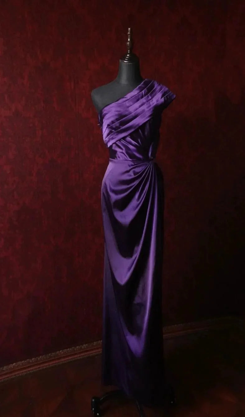 Elegant Dark Purple One Shoulder Satin Sheath Simple Evening Dresses