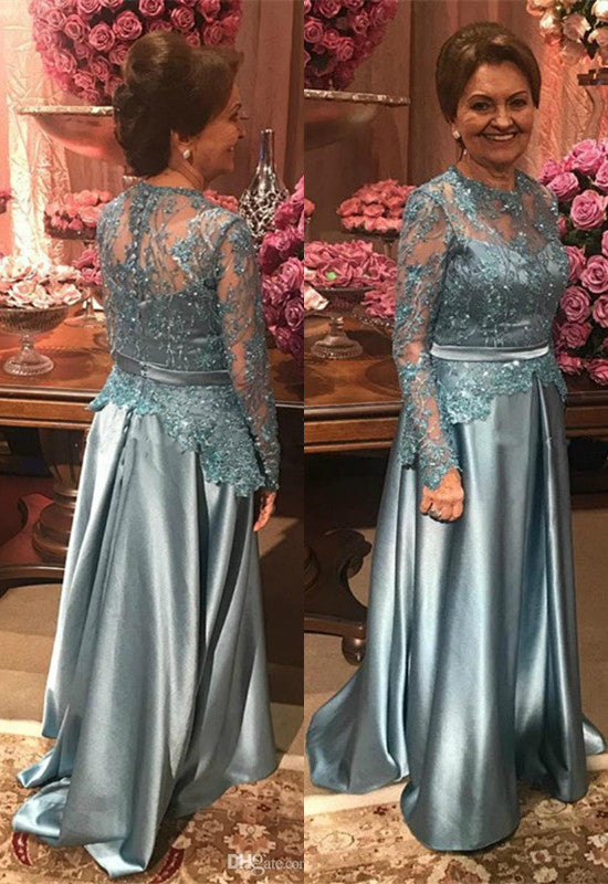Elegant Lace Appliques Retract Your Waist A-line Long Sleeve Mother Of Bride Dress
