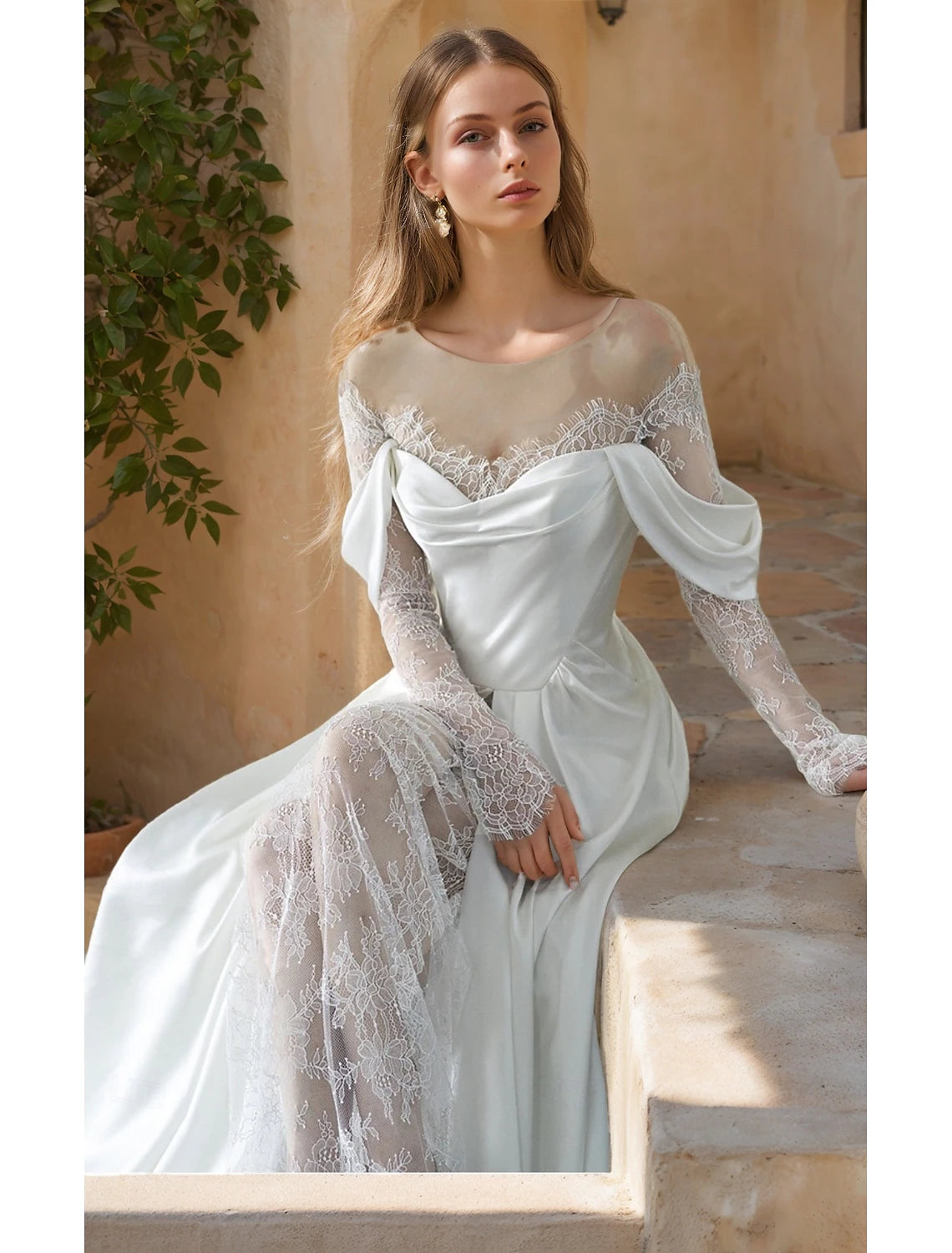 Floor Length Satin Wedding Dresses A-Line Illusion Neck Long Sleeve Bridal Gowns With Flower