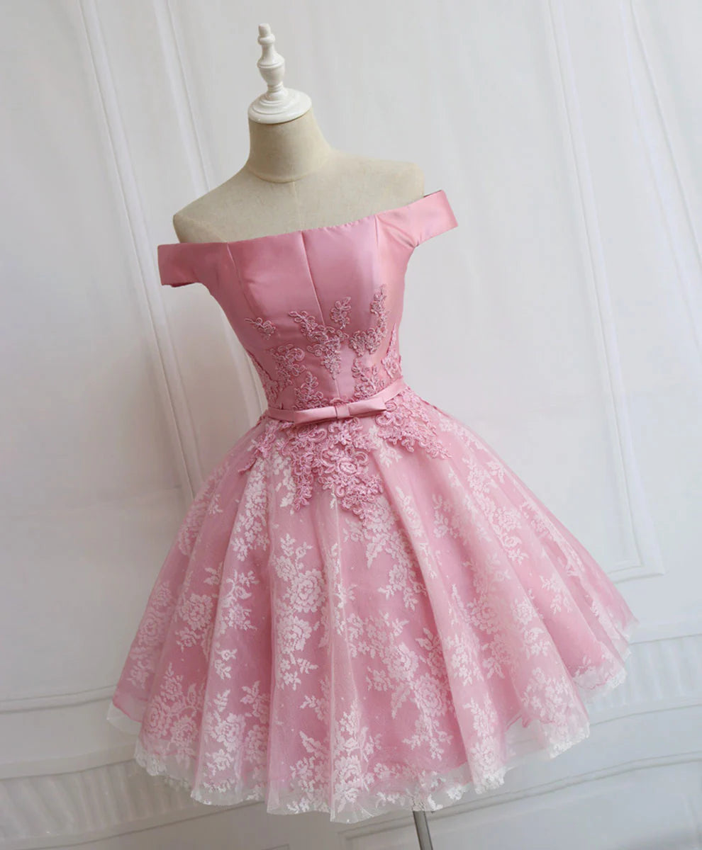 Tulle Of Shoulder Lace Short Pink Prom Dress Unique design Homecoming Dress