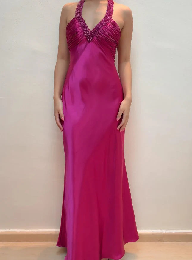 Hot Pink Mermaid V Neck Beaded Satin Open Back Prom Dress