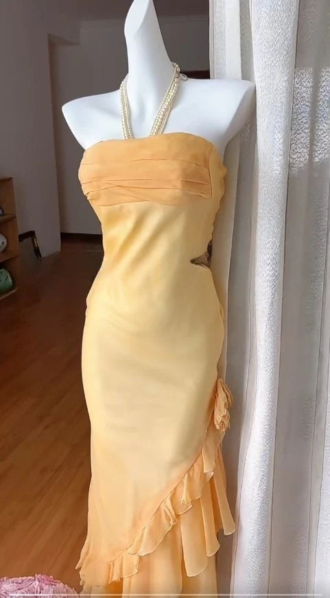 Strapless Ruffled Sheath Party Dresses Gradient Orange Fairytale Formal Evening Dress