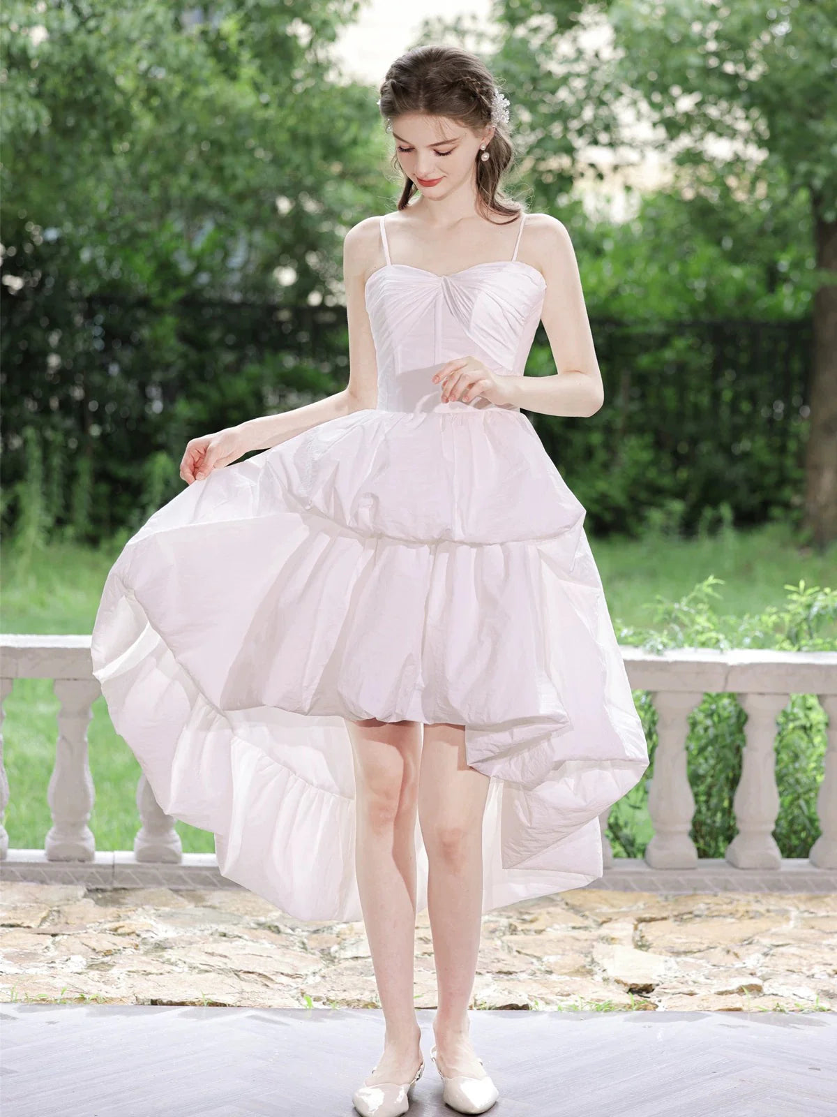 White Sweetheart Neck High Low Prom Dress, Retract Your Waist Homecoming Dress
