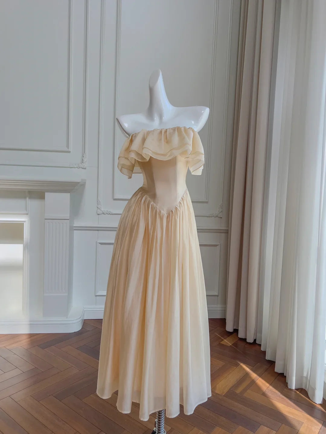 Simple A Line Strapless Ruffle Champagne Chiffon Prom Dress